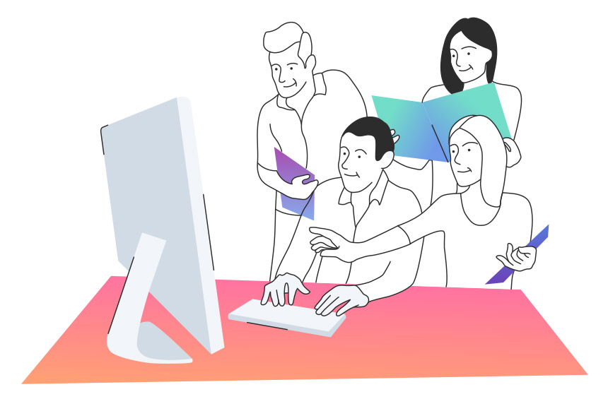 Rysunek przedstawia 4 osoby, oglądające coś na monitorze komputera